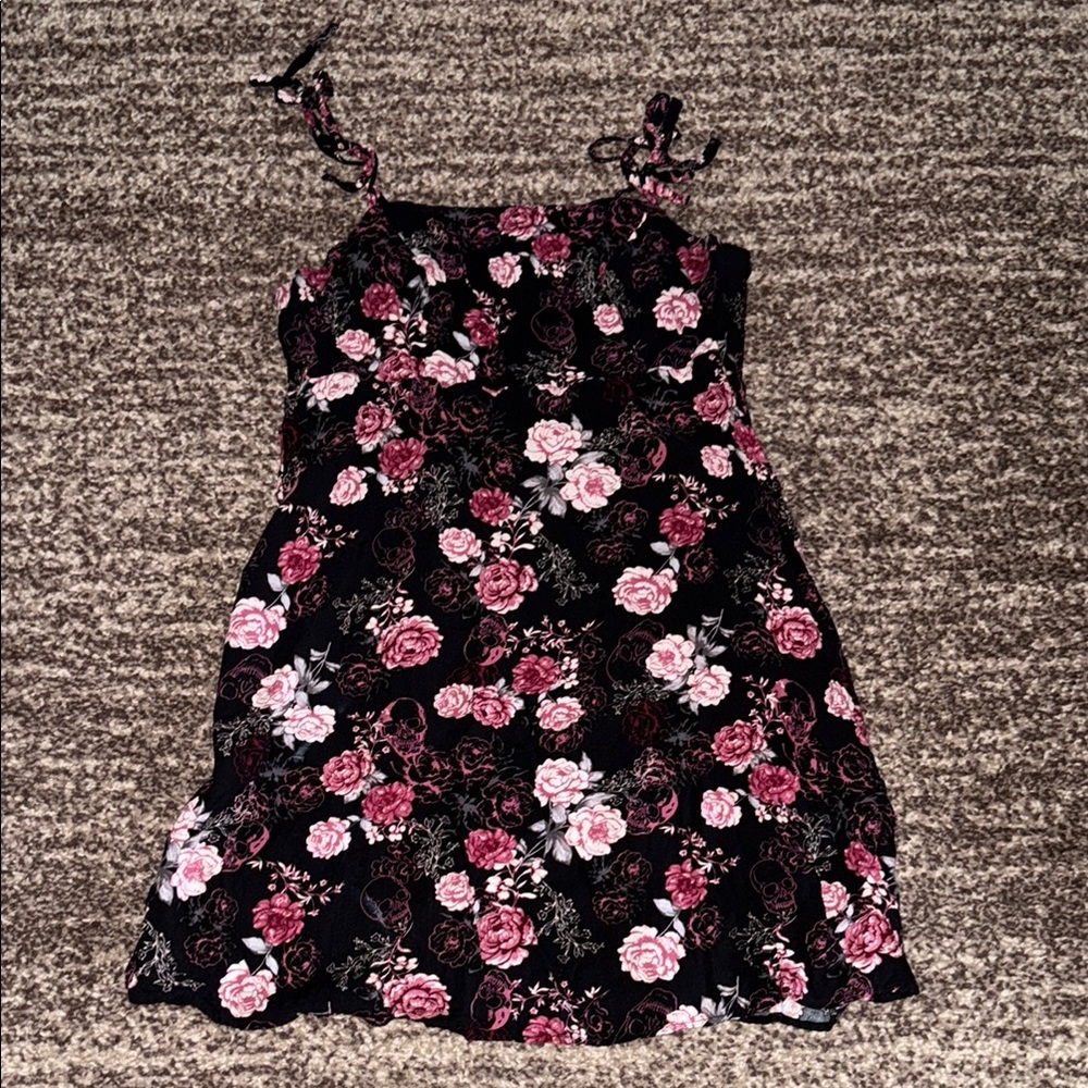 Black and Pink Floral Mini Sundress Sleeveless Spaghetti Strap
